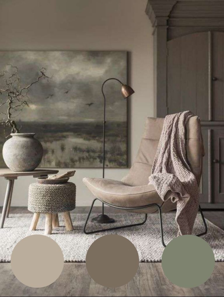 Een collage van moderne interieurontwerpen met verschillende tinten groen en accessoires.