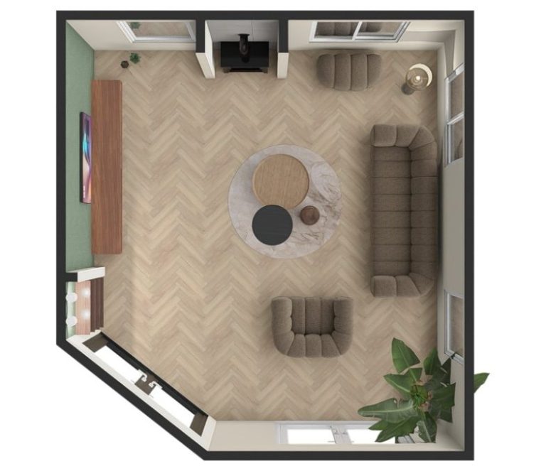 Plattegrond van een appartement met woon- en slaapgedeelte, inclusief meubels en indeling.