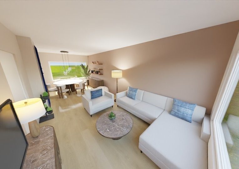 Plattegrond van een appartement met een woonkamer, slaapkamer en badkamer.