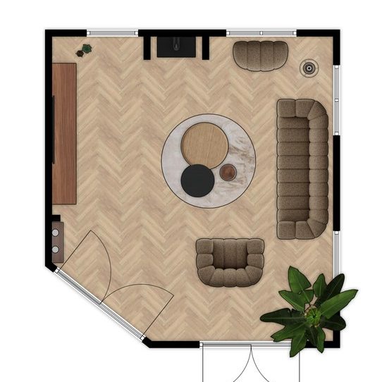 Plattegrond van een appartement met woonkamer, hal en eetruimte.