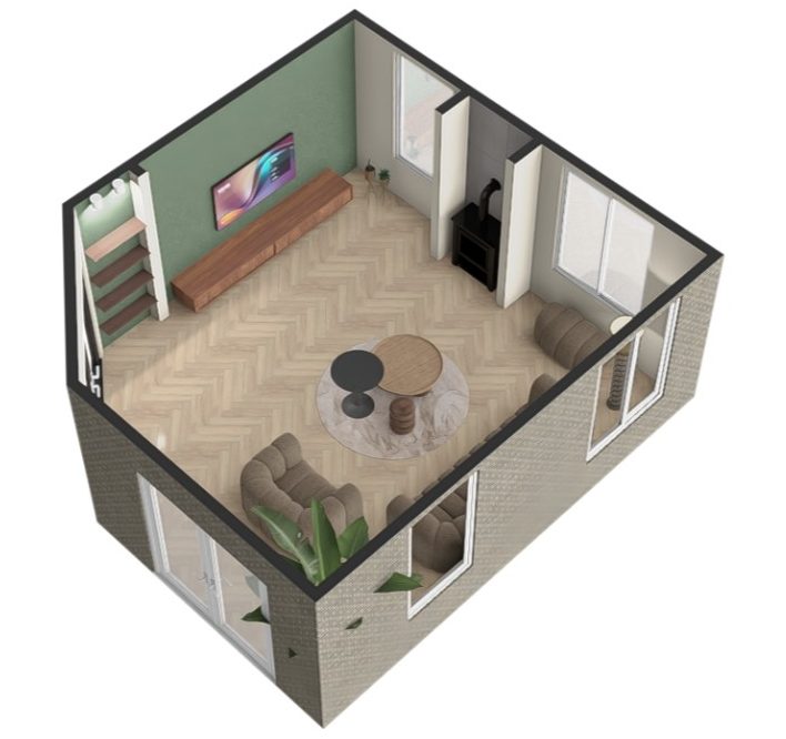 Plattegrond van een woning met woonkamer, eetruimte en slaapkamerindeling.